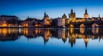 Obraz premium Historic European city at night beside a river