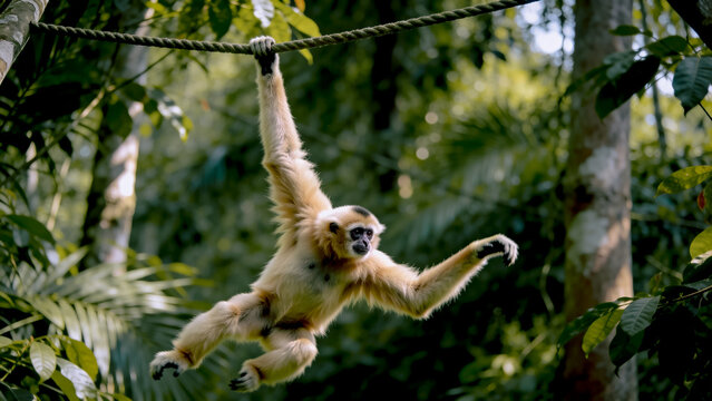Yellow cheeked gibbon swinging gracefully on a thick rope through a lush, sun-dappled rainforest canopy with dense green foliage.