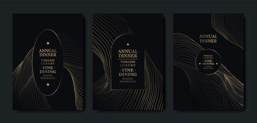 Premium set of elegant gold line invitations, patterns, abstract waves. Luxury vector design for gala VIP cards, awards, certificates, and business or wedding templates.