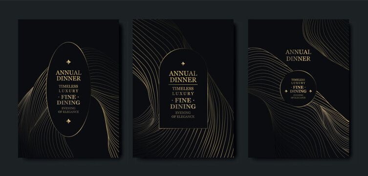 Premium set of elegant gold line invitations, patterns, abstract waves. Luxury vector design for gala VIP cards, awards, certificates, and business or wedding templates.