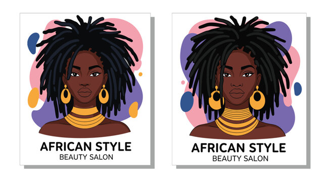 Beauty salon logo designs featuring a portrait of an African woman with dreadlocks and golden jewelry on a colorful abstract background.