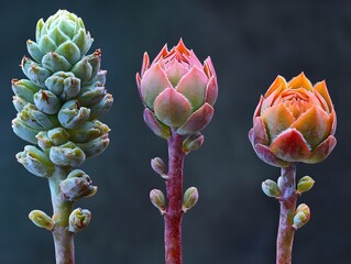 Three succulent buds in various stages of blooming