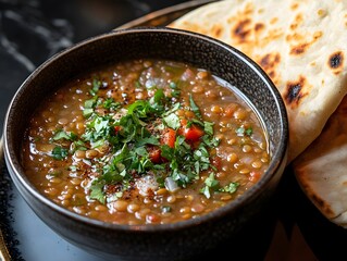 A bowl of lentil soup with fresh herbs and naan bread