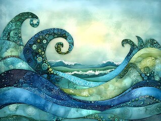 Abstract ocean waves in serene blue and green