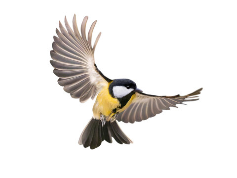 Great tit in flight isolated on white background