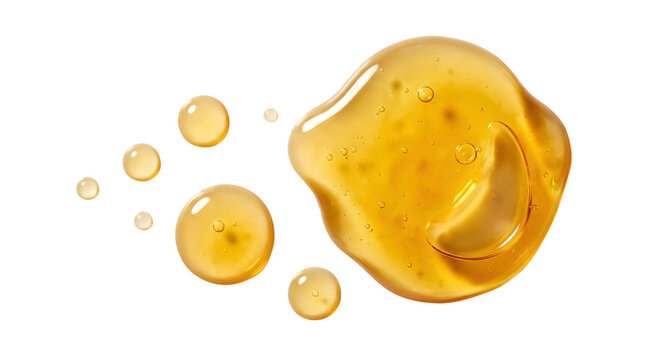 Golden Honey Drops and Amber Liquid Substance with Bubbles isolated on transparent background