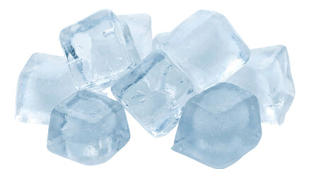 Obraz premium Pile of clear ice cubes with sharp edges and water droplets scattered isolated on transparent background