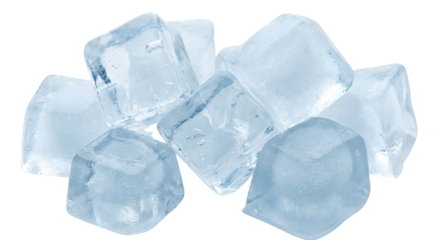 Pile of clear ice cubes with sharp edges and water droplets scattered isolated on transparent background