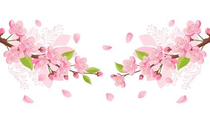 Cherry Blossom Branches with Falling Petals and Decorative Flourish