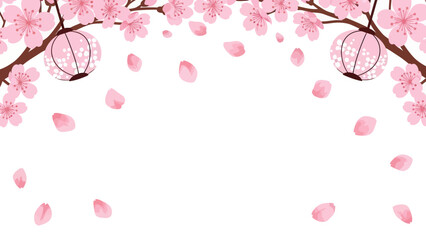 Cherry Blossom Branches with Falling Petals and Japanese Lanterns