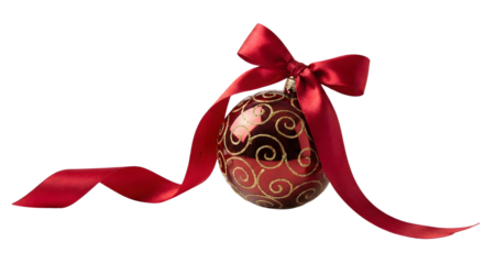 Red Christmas Ornament with Gold Swirls Tied with a Red Ribbon Bow isolated on transparent background