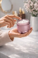 Woman applying cream from a pink jar on a marble countertop with flowers and beauty products