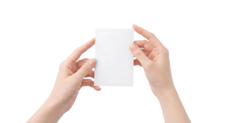 Two hands holding a blank white card for displaying information or messages isolated on transparent background