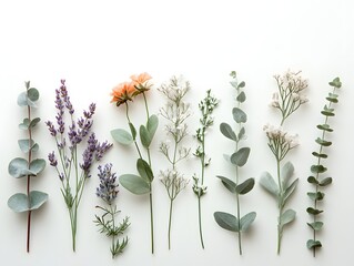 Flat lay of assorted fresh flowers and greenery