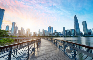Skyscrapers by the lake, CBD of a big city, Shenzhen, China.