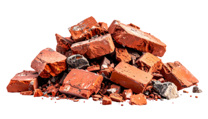 A pile of broken red and dark bricks scattered on a clear background