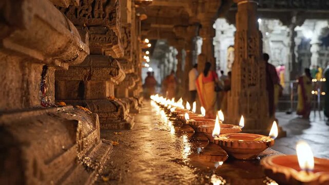 Warm lighting from traditional oil lamps illuminating ancient stone carved pillars within a peaceful hindu or jain temple interior