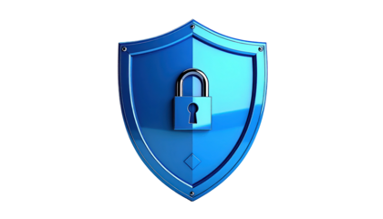 Shiny blue shield with a lock, centered on a black background, security concept