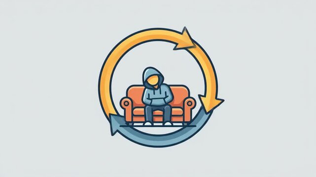 Person wearing a hoodie sitting on a couch, surrounded by a looping arrow indicating a recurring cycle of sleep, relaxation, and routine, illustrating mental health issues