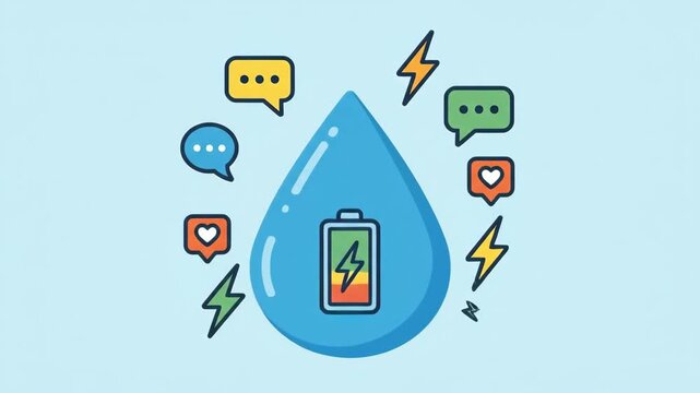 Social energy represented by a battery in a teardrop shape surrounded by chat bubbles and like hearts, illustrating the concept of social battery recharge and mental health