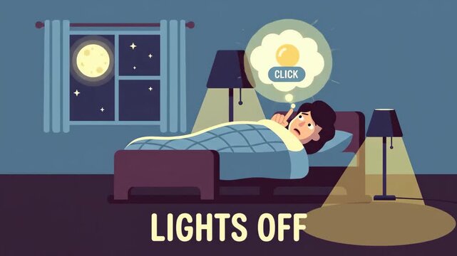 Woman lying awake in bed at night, struggling with insomnia and difficulty sleeping, thinking about turning off the light while the moon shines through the window