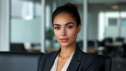 Fototapeta premium Corporate Female Leader Standing Full View in Modern Workspace.