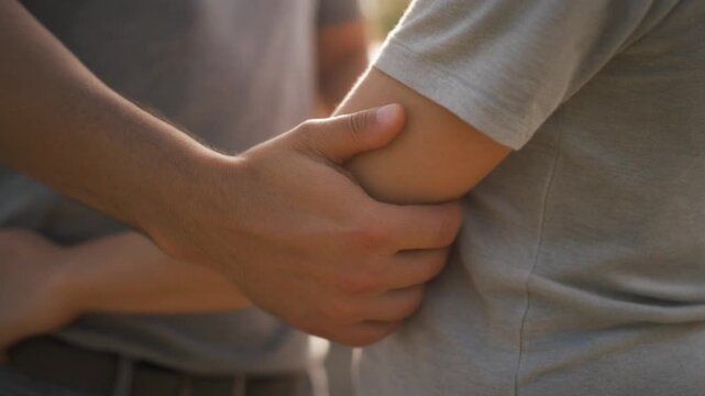 Tender moment between two people holding hands.