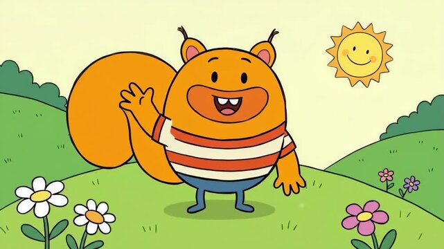 Kiri the friendly squirrel, a character from the kiri and lou animated series, standing on a green hillside under a smiling sun with colorful flowers, feeling happy and waving
