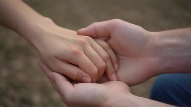 Two people holding hands in a comforting gesture outdoors.