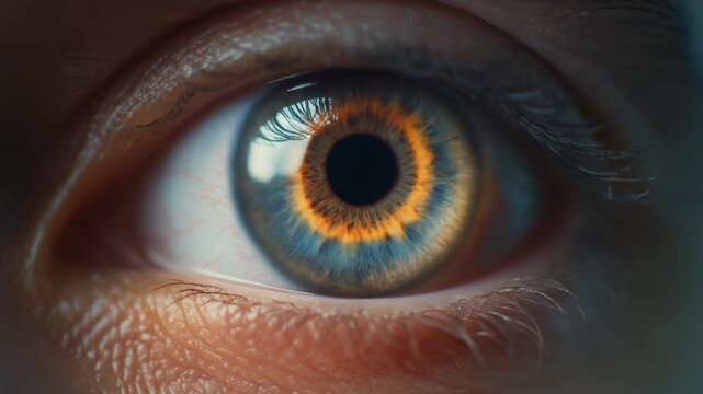 Close-up of a human eye with blue and orange iris.