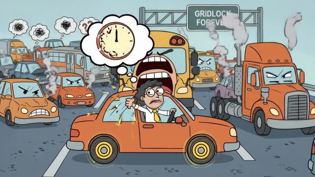 Exhausted commuter stuck in a chaotic rush-hour traffic jam surrounded by angry drivers, honking cars and exhaust fumes, depicting road rage, stress and urban pollution