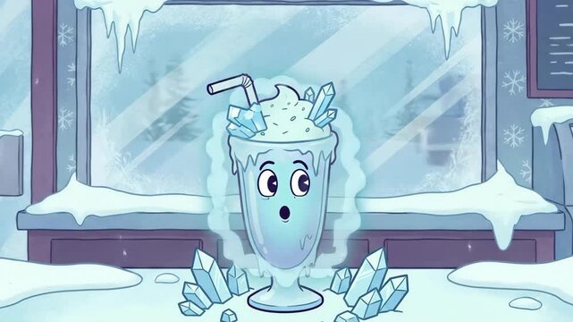 Cartoon milkshake character shivering and expressing discomfort from extreme cold, surrounded by ice crystals and a frozen window background indicating freezing winter weather