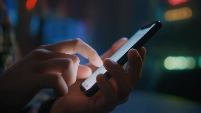Person using smartphone in dark environment with blurred city lights.