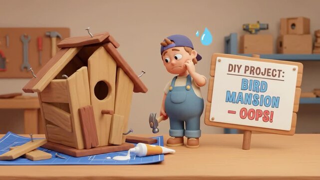 Cartoon boy looking shocked while holding a sign diy project: bird mansion - oops! next to a badly constructed wooden birdhouse on a blueprint, portraying a common diy mistake
