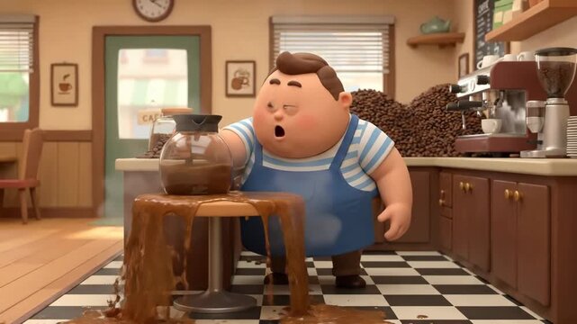 Barista is clumsily pouring coffee from a carafe, spilling hot brown liquid over a small cup and onto the table in a bustling cafe setting with roasted coffee beans and an espresso machine