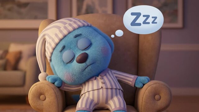 Adorable blue cartoon character wearing striped pajamas and a nightcap, tiredly nodding off in a cozy armchair with a zzz thought bubble above its head, symbolizing a child's bedtime routine
