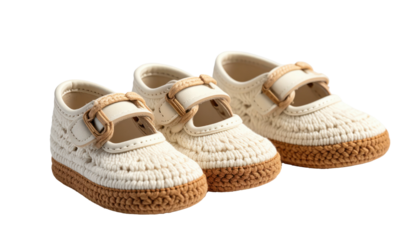 Three small, handmade shoes with white woven uppers, brown soles, and straps