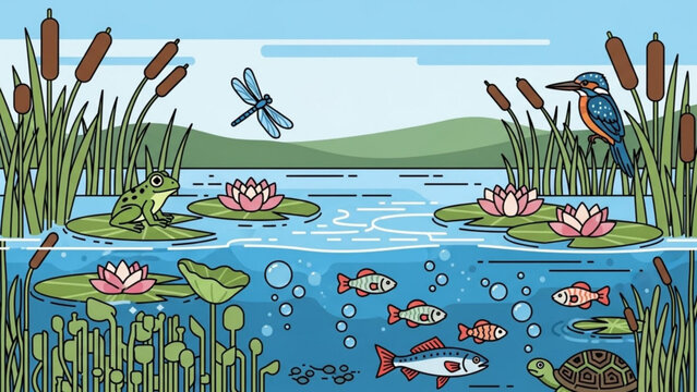 Vibrant pond ecosystem with frog fish turtle dragonfly and kingfisher in serene natural habitat