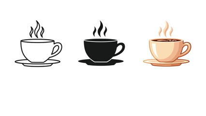 Obraz premium Collection of three hot coffee cup icons and illustrations with steam, line art, silhouette and colored drawing styles