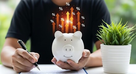 Person holding white piggy bank with rising percentage signs above it