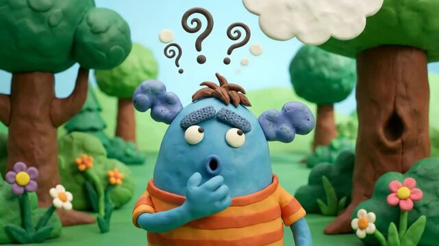 Claymation monster character standing in a whimsical forest, scratching its head with a confused expression, depicting concepts of thought, doubt, decision, and pondering