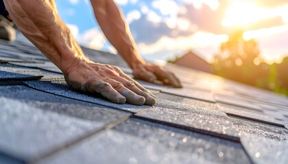 Close-up of hands laying shingles on a roof at sunset