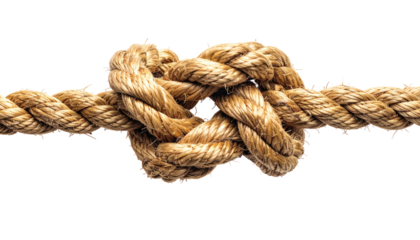 Close-up of a tightly knotted rope on a black background, textured and intertwined
