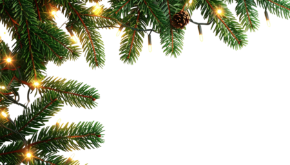 Evergreen boughs adorned with twinkling fairy lights and a small pinecone, set against black