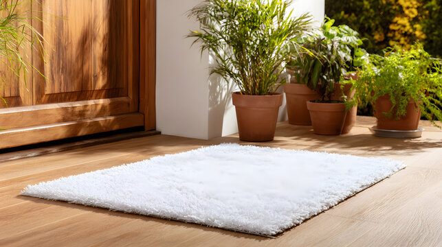Blank white doormat on a front porch with potted plants and wooden door sunny outdoor entrance