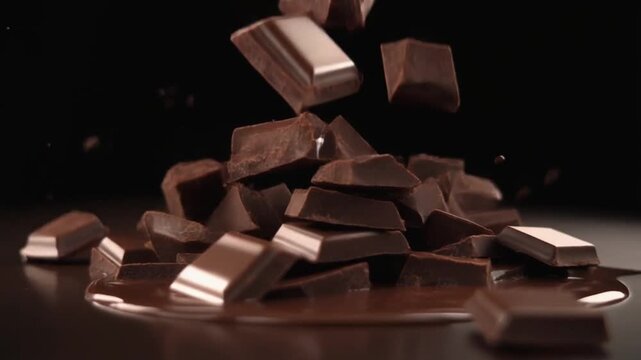 Chocolate pieces falling on a dark surface with melting chunks in the background, possibly for dessert advertisement