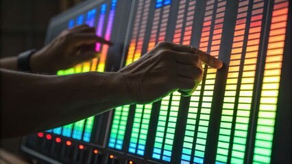 Control panel with colorful sound levels and hands manipulating the interface, showcasing music production technology.