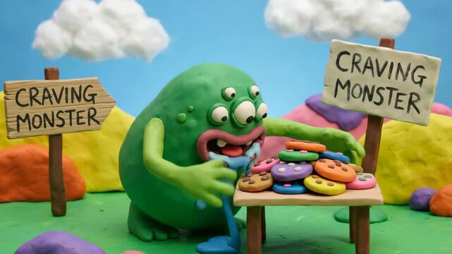 Green claymation monster with multiple eyes, drooling and reaching for a table stacked with colorful cookies, depicting concepts of craving, addiction, and gluttony in a fun animated style