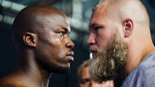 Intense face to face stare between two powerful men capturing confrontation dominance rivalry aggression and raw emotional tension during dramatic moment of human conflict