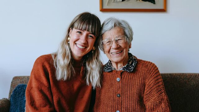 Cheerful granddaughter sitting close with her elderly grandmother on sofa capturing tenderness mutual support and authentic multi generational family lifestyle scene